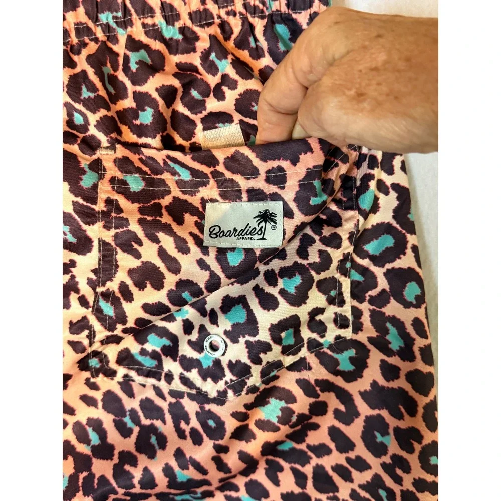 NWT Boardies Leopard Animal Print Swim Trunks Men's XL Coral, Black, Turquoise